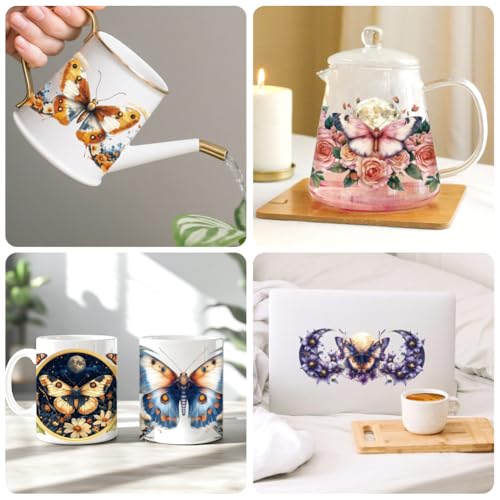 Flower Moth UV DTF Cup Wraps, 10 Sheets Transfer Sticker | Waterproof UV DTF Stickers, Custom Vinyl Decals for 16oz Coffee Cups Tumblers Bottles Mugs, DIY Gifts & Crafts - style: Flower Moth