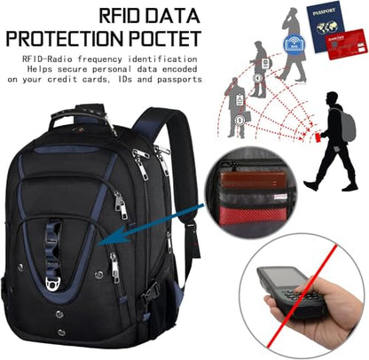 17.3 Laptop Backpack for Men Women, Large Travel Laptop Backpack | XL Backpack with Rain Cover, TSA Friendly Flight Approved with RFID Anti Theft Pocket, Water Resistant School College BookBag - color: Black-blue, size: 17inch(19.0 *14.6*10")