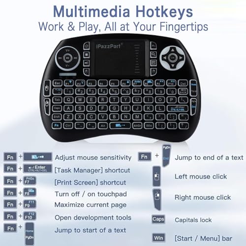 iPazzPort Mini Bluetooth & 2.4GHz Wireless Keyboard with Touchpad Mouse, 3-Color Backlit Portable, Rechargeable, for Smart TV/Fire TV/Android TV Box/PC/Mac/Raspberry Pi