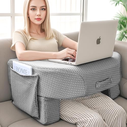 LEBENGURU Reading Pillow for Laptop, Extra Large Armrest for Bed, Grey | Soft Foam Gaming Pillow for Working, Large Pockets, Hight Adjustable Lap Desk Pillow for Adult Sitting in Bed, Floor, Sofa - color: Grey