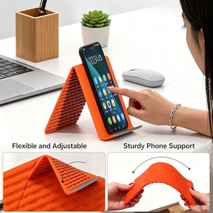 Portable Foldable Silicone Phone Holder, Flexible Silicone Aluminum Airplane Phone Holde,Bendable Rollable Foldable Design, for Phone Tablet Laptop, Portable Ergonomic Holder (Orange)