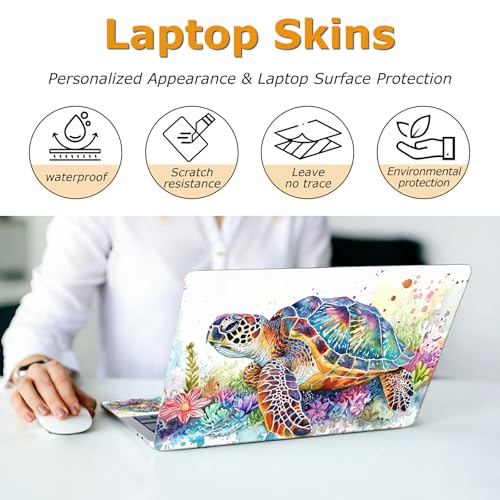 Universal Laptop Skin Sticker with 2 Wrist Pad Decals, 3-Piece Removable Vinyl Laptop Cover, Watercolor Turtle Waterproof Anti-Scratch, Easy-Trim Fit for 13.3" 14" 15.6" Laptops - color: Watercolor Turtle