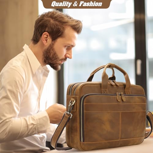 Jack&Chris Genuine Leather Briefcases for Men,15.6" Laptop Compartment Mens Laptop Messenger Bag - color: Mb005-light Brown-double