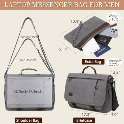 17.3 Inch Messenger Bag for Men: 2PCS Laptop Bag PU Leather Canvas Work Briefcase Large Office - color: Brown Grey