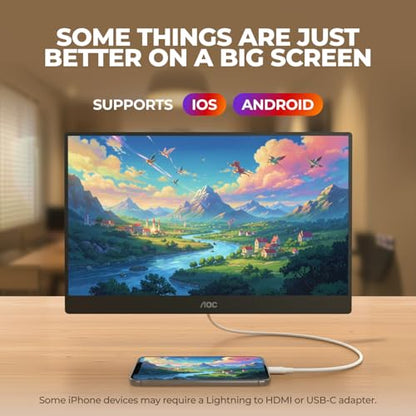 AOC 16" Portable Monitor FHD 60Hz USB-C IPS Ultra Slim Kickstand 16T30 | 1920×1080 Computer Monitor, USB-C 3.2, Mini HDMI, Built-in Speakers, Kickstand, Ultra Slim, VESA Mount, Low Blue Light - size: 15.6 inch Kickstand