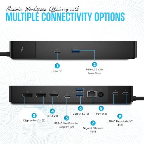 WD22TB4 Dell Thunderbolt 4 Dock, 40Gbps Docking Station USB-C USB-A | 13-Port Thunderbolt 4 Dock with 40Gbps Speed, 130W Power Delivery, 4K Multi-Monitor Support & Gigabit Ethernet