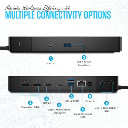 WD22TB4 Dell Thunderbolt 4 Dock, 40Gbps Docking Station USB-C USB-A | 13-Port Thunderbolt 4 Dock with 40Gbps Speed, 130W Power Delivery, 4K Multi-Monitor Support & Gigabit Ethernet