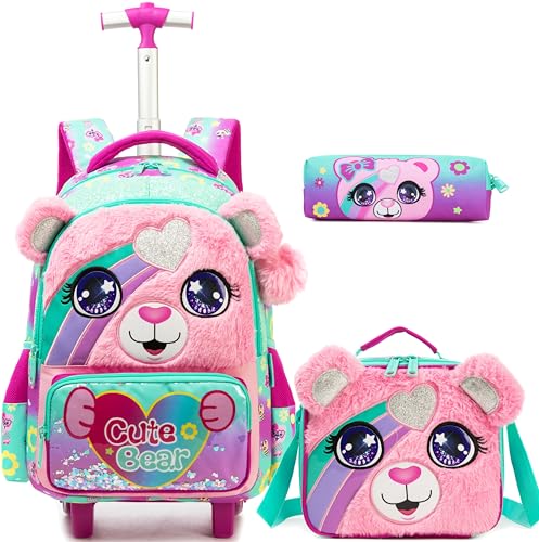 Meetbelify Cute Pink Bear Rolling Backpack with Wheels for Girls School Rolling Backpack Kids Travel Luggage for Girls Ages 5-12 - color: 01 Bear