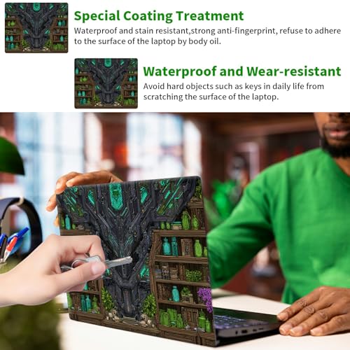 Laptop Skin Sticker Decal, Universal Protective Cover Fit 12 13 14 15.6 Inch Notebook, Reusable Water-Resistant Vinyl Decal w/ 2 Wrist Pads for Business Travel Office, Green Library Books - color: Green Library Books