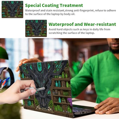 Laptop Skin Sticker Decal, Universal Protective Cover Fit 12 13 14 15.6 Inch Notebook, Reusable Water-Resistant Vinyl Decal w/ 2 Wrist Pads for Business Travel Office, Green Library Books - color: Green Library Books