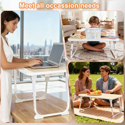 Laptop Desk for Bed, Adjustable Height Laptop Bed Table, Foldable Lap Desk with USB Charge Port, Desktop Card Slot, Side Drawer, Book Shelf, Portable Lap Tray for Eating Reading Working Sofa & Floor