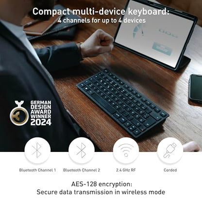Cherry KW 9200 MINI, Compact Wireless Multi Device Keyboard for up to 4 Devices, Bluetooth, 2.4 GHz & Wired Mode, SX Scissor Switches, Rechargeable, Black
