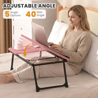 Laptop Bed Desk, 5-Angle Adjustable Bed Laptop Table with Cup Holder | Foldable Laptop Stand for Couch & Sofa, Portable Laptop Tray for Adults Writing Reading Eating, Pink - color: Pink
