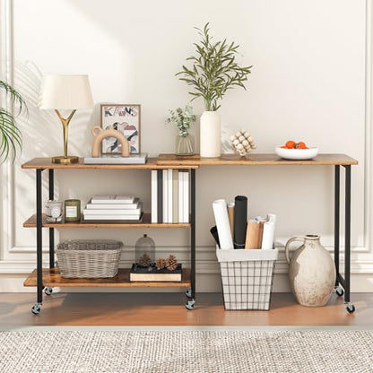 Giantex 360° Free Rotating Sofa Side Table, Mobile L-Shaped Laptop Desk with Sturdy Metal Frame, 6 Universal Casters, Movable Couch Snack Table with 2-Tier Storage Shelf for Home (Brown) - color: Brown