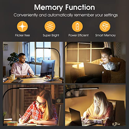 Voncerus LED Desk Lamp with Clamp, Eye-Caring Clip on Lights for Home Office, 3 Modes 10 Brightness, Long Flexible Goose-Neck, Metal, Swing Arm Architect Task Table Lamps with USB Adapter, Black - color: ‎S1 Black