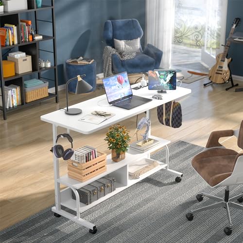 47" Rolling Standing Desk with Charging Station for Couch Bed | Height Adjust 27.5-41", 2 AC/3 USB, Mobile 4 Lockable Wheels, 2-tier Shelves Hook, Safe Corner Fast Assembly - color: White, size: 47''