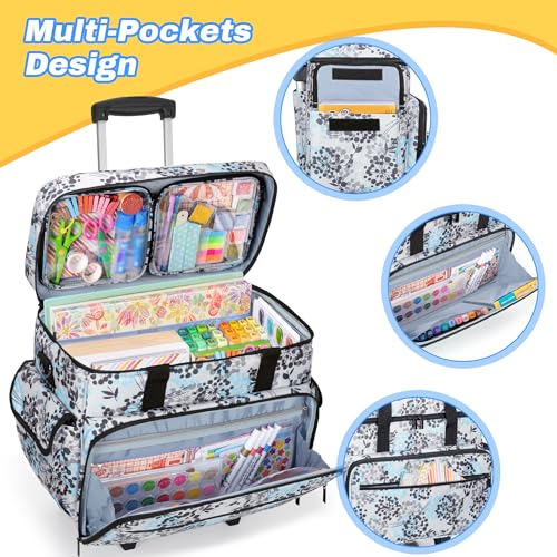 Teamoy Rolling Scrapbook Tote, Craft Bag with Detachable Wheels, Dandelion | Scrapbook Storage Bag with Bottom Wooden Pad, 2 detachable zipper pouches, Shoulder Straps for Paper, Ablum - color: Dandelion