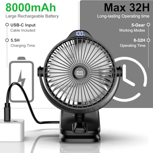 Minthouz 8000mAh Rechargeable Small Clip Fan with Battery Level Indicator | Battery Powered Fan with Remote, 720° Rotation Low Noise USB C Desk Fan for Outdoor Home/Office/Camping/Travel - color: Black