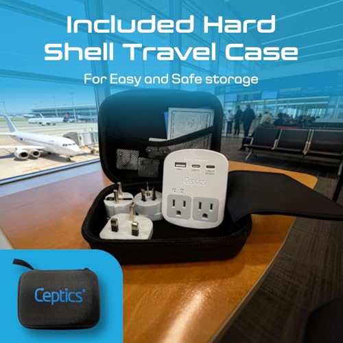 Ceptics 35W Universal Travel Adapter Kit – 2 USA sockets, USB-A, USBC, 1x PD 35W USB-C and USBC Cable, Surge Protected, Plugs for EU, UK, China, AU, Japan - for Laptop, Phone, Camera-ETL Tested - color: Beige