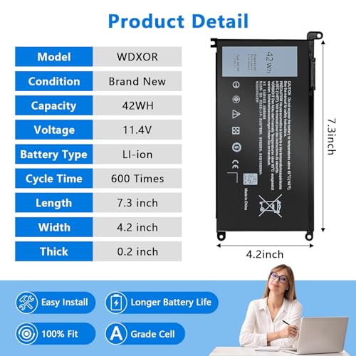 WDX0R Laptop Battery Compatible with Dell inspiron 13 14 15 7000 5000 Series 5379 5567 5570 5579 7378 7573 7579 Latitude 3500 3400 3340 3580 3590 3480 3490 3189 P69G P58F 3CRH3 42Wh 11.4V - size: WDX0R for Dell