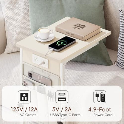 Vagusicc C Shaped End Table with Charging Station, Adjustable Height Side Table for Couch, Small Sofa Table C Table End Table, Slide Under Couch Table TV Tray Arm Table for Living Room, Bedroom, Cream - color: Cream White, style: With Plug