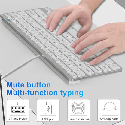 Ultra-Slim 78keys USB Mini Wired Keyboard with Media Hotkeys for Apple Mac Pro, MacBook 56Pro/ iMac, Air, Mac mini, Laptop Computers, Windows Desktop PC 11/10/8/7, with USB-A to C OTG Adapter, White - color: Silver White, size: USB-A