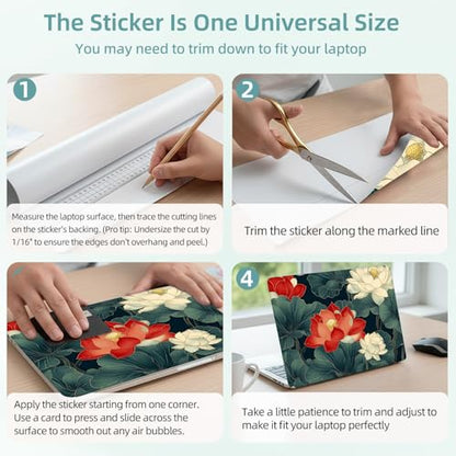 Universal Laptop Skin Decal, 3-Piece Vinyl Protector for 12 13 14 15.6" Notebook, Waterproof Anti-Scratch, Easy Trim & Bubble-Free Finish, Red and White Lotus Flowers - color: Red and White Lotus Flowers