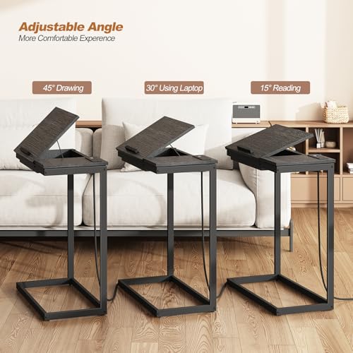TUTOTAK Large C Shaped End Table, Side Table with Charging Station C Table | Tilting Laptop Stand with Storage, Computer Couch table for Living Room, Bedroom, Black TB01BK090 - color: Black, style: Plug