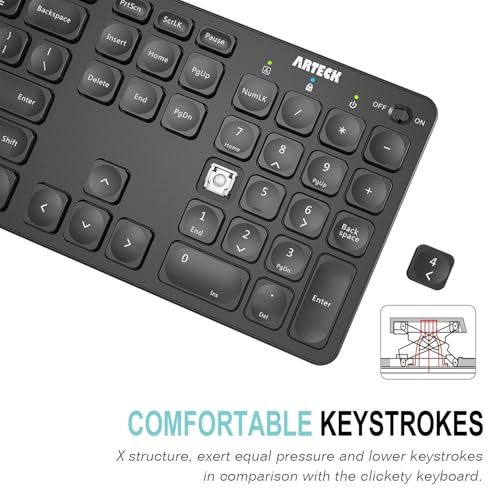 Arteck 2.4G Wireless Keyboard Ultra Slim Full Size Keyboard with Numeric Keypad and Media Hotkey for Computer/Desktop/PC/Laptop/Surface/Smart TV and Windows 10/8/ 7 Built-in Rechargeable Battery