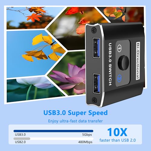 USB 3.0 Switch with 2 USB3.0 Cables, USB Switcher 1 in 2 Out/2 in 1 Out | Bi-Directional Aluminum USB Switcher 2 Computers Share Keyboard Mouse Printer, USB Splitter for Laptop