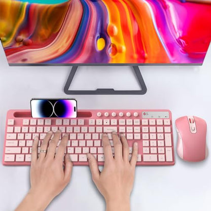 Wireless Keyboard and Mouse Combo, MARVO 2.4G Ergonomic Wireless Computer Keyboard with Phone Tablet Holder, Silent Mouse with 6 Button, Compatible with MacBook, Windows (Sakura Pink) - color: Sakura Pink