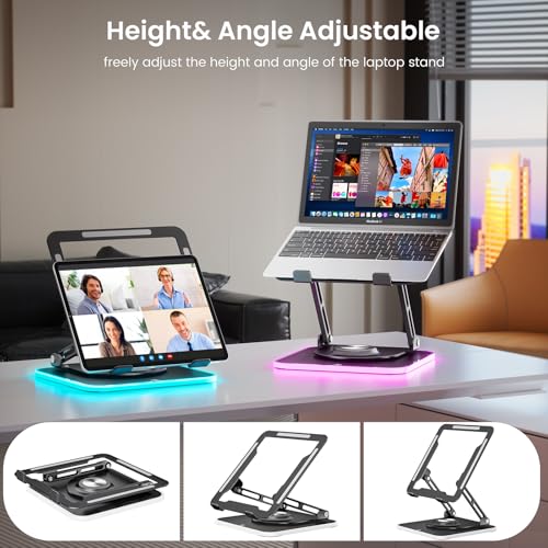 360°Rotating Laptop Stand with RGB Lights, Fits 10-16"Laptops MacBooks | 7-Level RGB Lights, Adjustable Multi-Angle Ergonomic Aluminum Laptop Stand, Foldable & Portable for Home & Office - color: Black