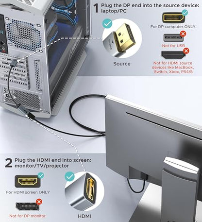 4K DisplayPort to HDMI Adapter, Uni-Directional WARRKY [4K UHD, Metal Case, Gold-Plated Pins] Display Port 1.2 Source to HDMI 2.0 Monitor Converter Compatible for HP, AMD, NVIDIA. Male to Female | Uni-Directional Dp → HDMI, 1440p at 60hz, 1080p at 120hz,