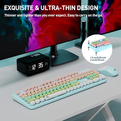 Pink Green Wireless Keyboard and Mouse Combo, Cute Pastel Bubble Keyboard with Round Keys, 2.4GHz Full Size Aesthetic Keyboard with Number Pad for Long Nails PC Laptop Desktop - color: Green Pink Wireless Keyboard Mouse