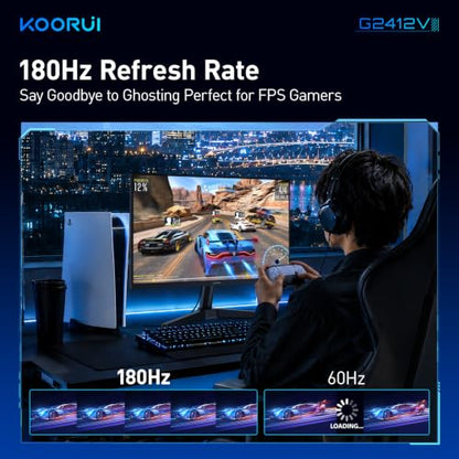 KOORUI 24 Inch Gaming Monitor, 180Hz FHD 1080P VA Display with 3000:1 Contrast, Eye Care, HDMI & VGA, VESA 100x100mm Mountable for Dorm Room, Dual-Screen Setup, PC and Console Gaming - size: 24"/FHD/180Hz