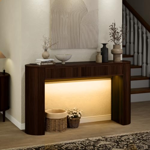 55" Fluted Console Table with 2 Drawers & LED Lights,Entryway Tables with Charging Station,Narrow Sofa Table Behind Couch,Mid-Century Modern Foyer Table for Entryway, Hallway, Living Room(Walnut) - color: Walnut