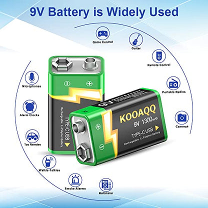 8-Pack Rechargeable 9v Batteries, USB-C Recharge 1300mAh 9 Volt Lithium-ion Long Lasting Power for SmokAlarms, Microphones, Multimeters, Walkie-Talkie, Metal Detector, Toys, with 2 in 1 Charging Cable - size: 8-Pack
