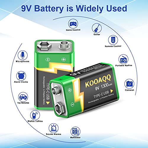 1-Pack Rechargeable 9v Batteries, USB-C Recharge 1300mAh 9 Volt Lithium-ion Long Lasting Power for SmokAlarms, Microphones, Multimeters, Walkie-Talkie, Metal Detector, Toys, with 2 in 1 Charging Cable - size: 1-Pack