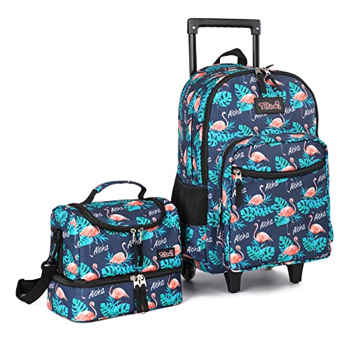 Tilami Rolling Backpack 18 inch Double Handle with Lunch Bag Wheeled Kids Backpack, Flamingo Black - color: Flamingo Black
