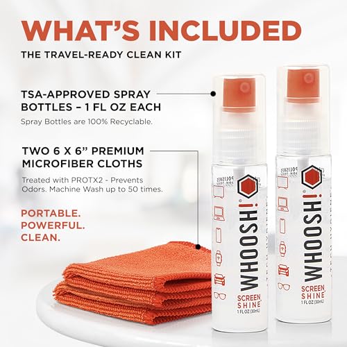 Whoosh Screen Shine Go Refillable Screen Cleaner Kit, Set of 2, 1 fl oz | TSA Approved for Travel, Streak Free Finish, For MacBook, Phone and Eyeglasses, Microfiber Cloth Included - size: 1 fl oz (Pack of 2)