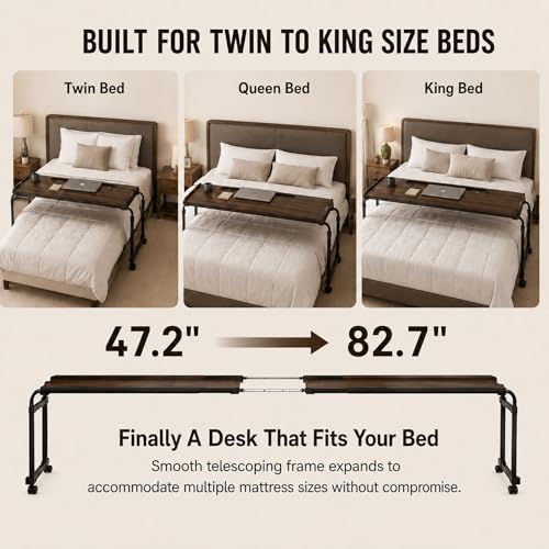 Over Bed Table with Wheels, Width & Height Adjustable, Rolling Over the Bed Desk with Cup Holder & Raised Baffle, Mobile Laptop Desk for King Queen Size Beds, Home Office, Bedroom Hospital Workstation