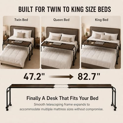 Over Bed Table with Wheels, Width & Height Adjustable, Rolling Over the Bed Desk with Cup Holder & Raised Baffle, Mobile Laptop Desk for King Queen Size Beds, Home Office, Bedroom Hospital Workstation