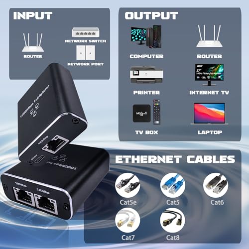 Gigabit Ethernet Splitter 1 to 2, RJ45 Internet Splitter for Cat 8/7/6/5e/5 | 2 Devices Networked Simultaneously ,1000 Mbps Dual-Port network Splitter with USB Power Cable,Aluminum Case, for Routers - style: Gigabit Ethernet Splitter 1 to 2