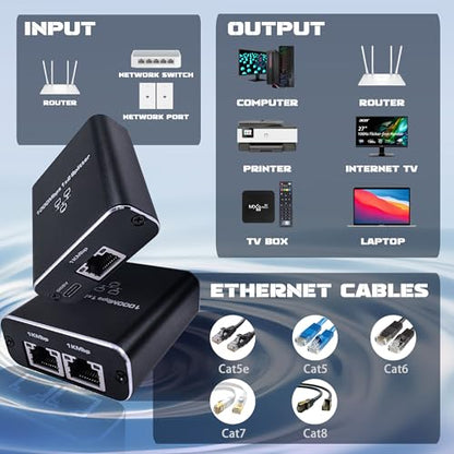 Gigabit Ethernet Splitter 1 to 2, RJ45 Internet Splitter for Cat 8/7/6/5e/5 | 2 Devices Networked Simultaneously ,1000 Mbps Dual-Port network Splitter with USB Power Cable,Aluminum Case, for Routers - style: Gigabit Ethernet Splitter 1 to 2