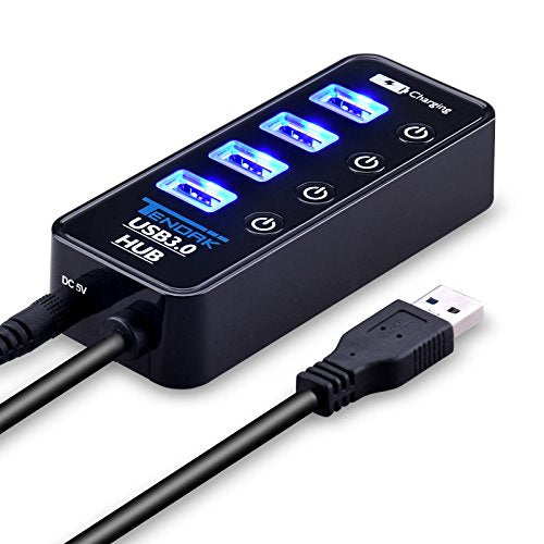 USB Hub with 4 USB 3.0 Data Ports + 1 USB Smart Charging Port | 5 Ports USB 3.0 Hub with Power Supply, Individual On/Off Port Switches for MacBook, Mac Pro, Hard Drive and More