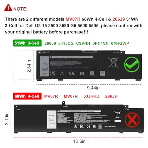 (11.4V 51Wh) 266J9 MV07R Battery Replacement for Dell G3 15 3500 3590 3790 G5 15 5500 SE 5505 P89F Inspiron 5490 INS 15PR-1545W 1548BR 1645W 1742BR 1742W Series 0415CG C9VNH PN1VN M4GWP 0M4GWP 0JJRRD - size: 9.44*2.64*0.31inch