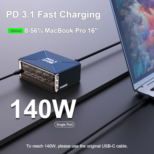 210W USB C Charger, Graaci GaN 5-Port PD3.1 140W 100W PPS Fast Charging Station, Type C Laptop Wall Charger Power Adapter for MacBook Pro/Air M2, iPhone 15 Pro, Galaxy S23 Ultra, Pixel 8, Steam Deck