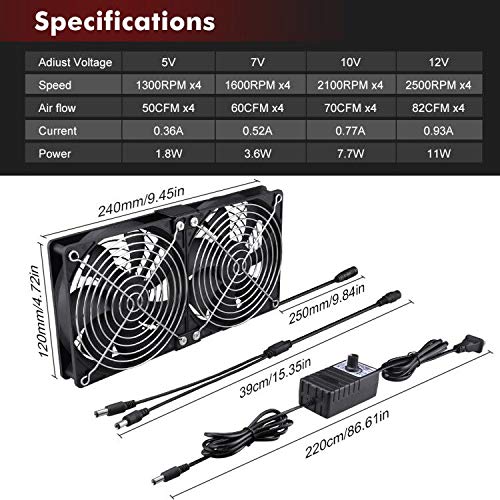 Wathai 4 x 120mm GPU Mining Rigs Server Racks Fan with 110V - 240V AC Plug | Dual Ball Fans Cooling with Variable Speed Control for Big Airflow for AV Cabinets, TVs Routers. Amplifier, Refrigerator cool - style: 4x120mm fan