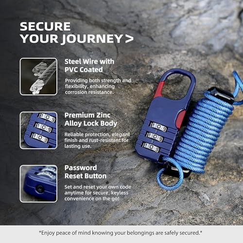 Small Cable Locks with Combination, Travel Combo Lock with Retractable Cable for Ski Gear, Snowboard, Luggage, Suitcases, Backpack, Bike, Bicycle, Scooter, Motorcycle Helmet Anti Theft - color: Black+Blue