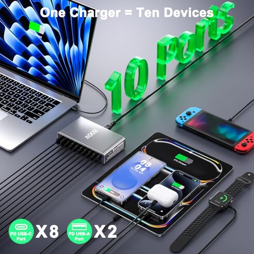 800W USB C Charger,GaN 10 Ports USB Charger,Multiple Plug Fast Charger Laptop Charger,PD Power Adapter Compatible with MacBook Pro/Air/Dell/iPhone/Galaxy/Laptop/Tablet/Mobile